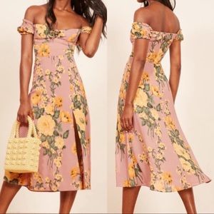 Reformation Cordova Dress Midi Antoinette Blush Floral Off Shoulder 2